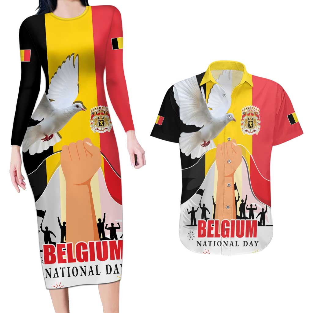 Belgian National Day Couples Matching Long Sleeve Bodycon Dress and Hawaiian Shirt 21th July Flag with Dove