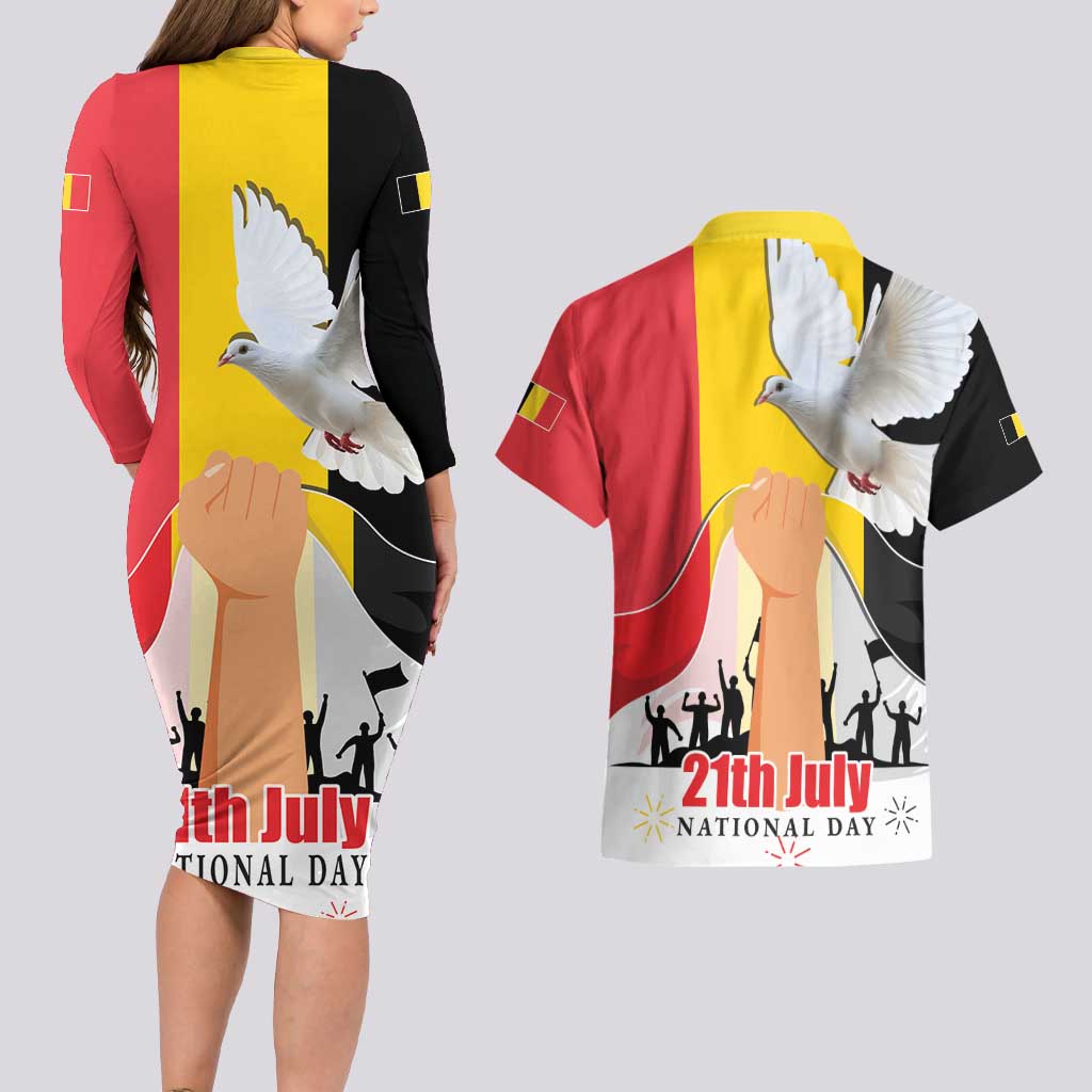 Belgian National Day Couples Matching Long Sleeve Bodycon Dress and Hawaiian Shirt 21th July Flag with Dove
