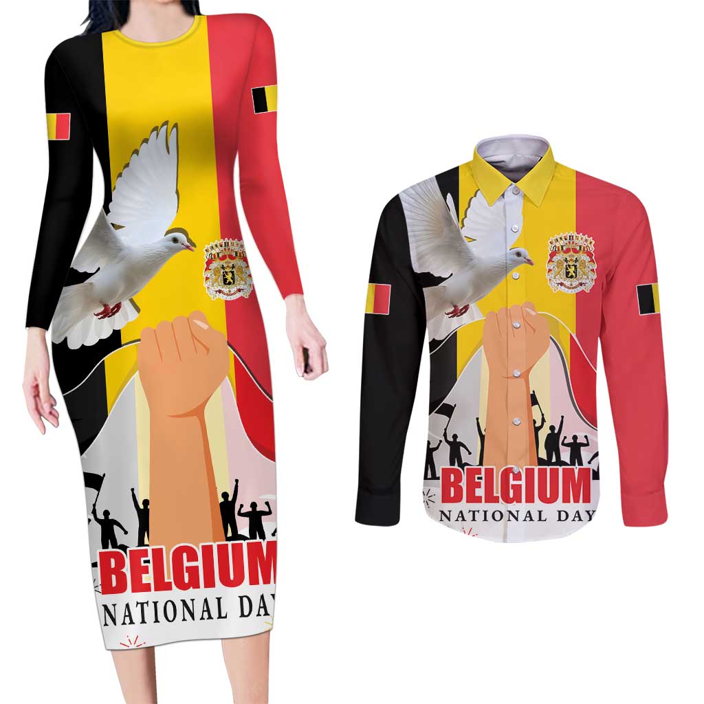 Belgian National Day Couples Matching Long Sleeve Bodycon Dress and Long Sleeve Button Shirt 21th July Flag with Dove
