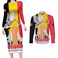 Belgian National Day Couples Matching Long Sleeve Bodycon Dress and Long Sleeve Button Shirt 21th July Flag with Dove
