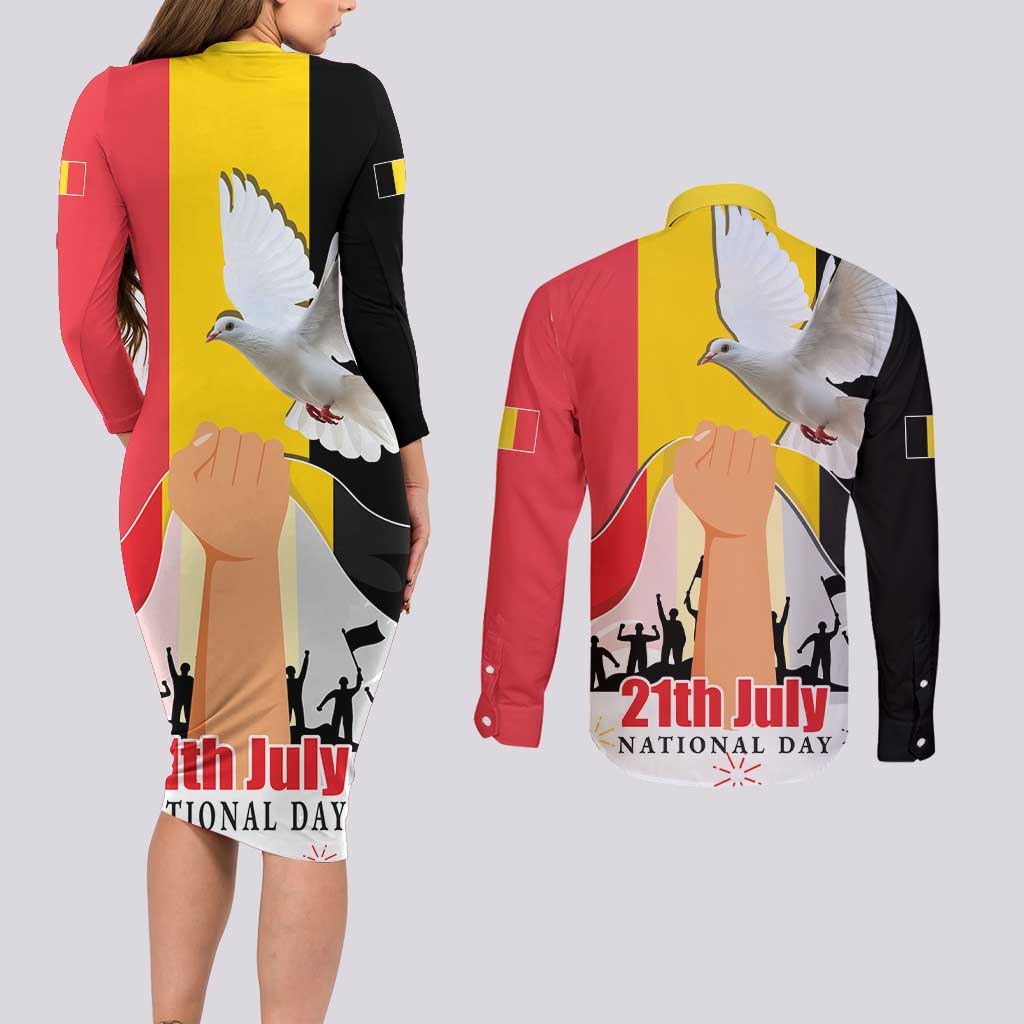 Belgian National Day Couples Matching Long Sleeve Bodycon Dress and Long Sleeve Button Shirt 21th July Flag with Dove