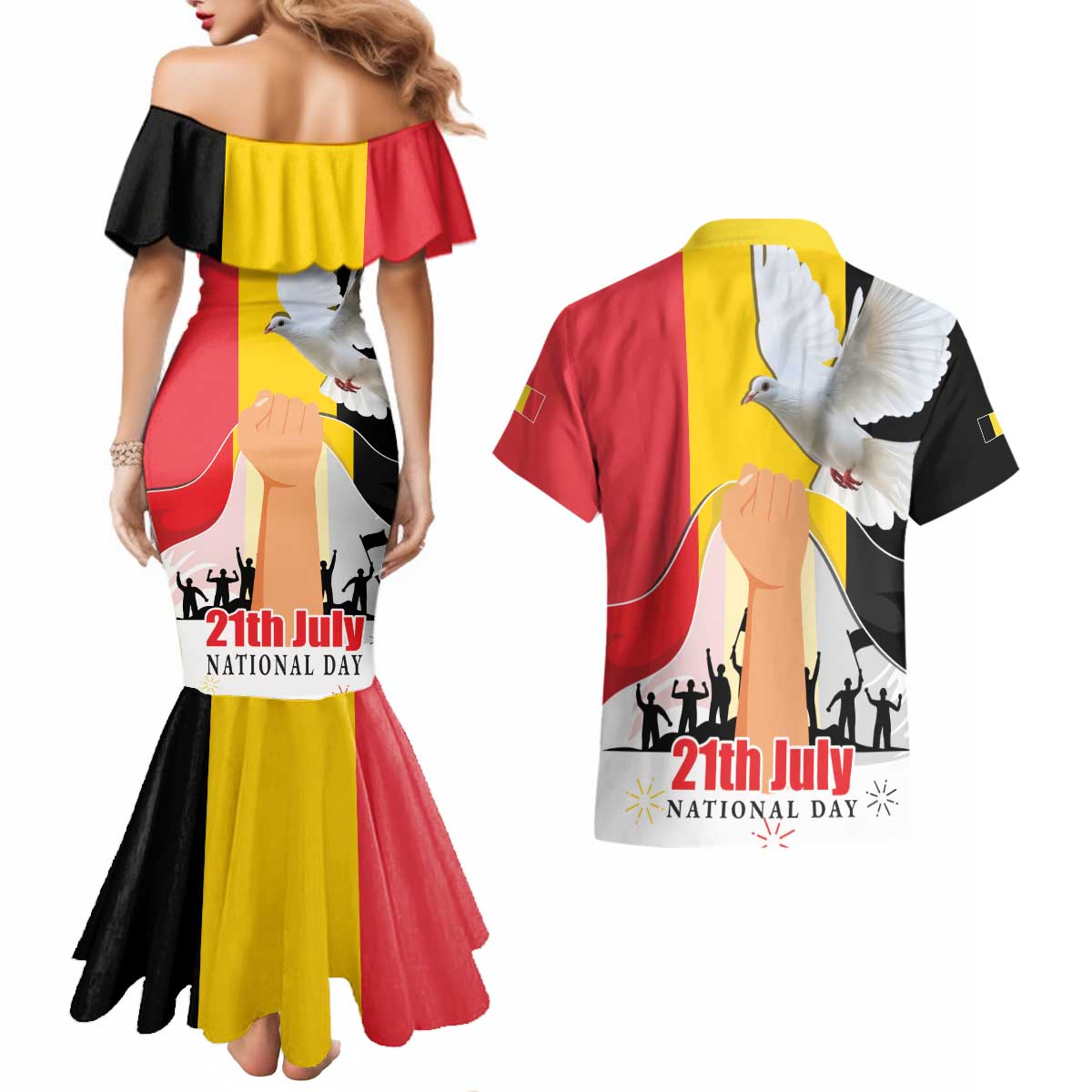 Belgian National Day Couples Matching Mermaid Dress and Hawaiian Shirt 21th July Flag with Dove
