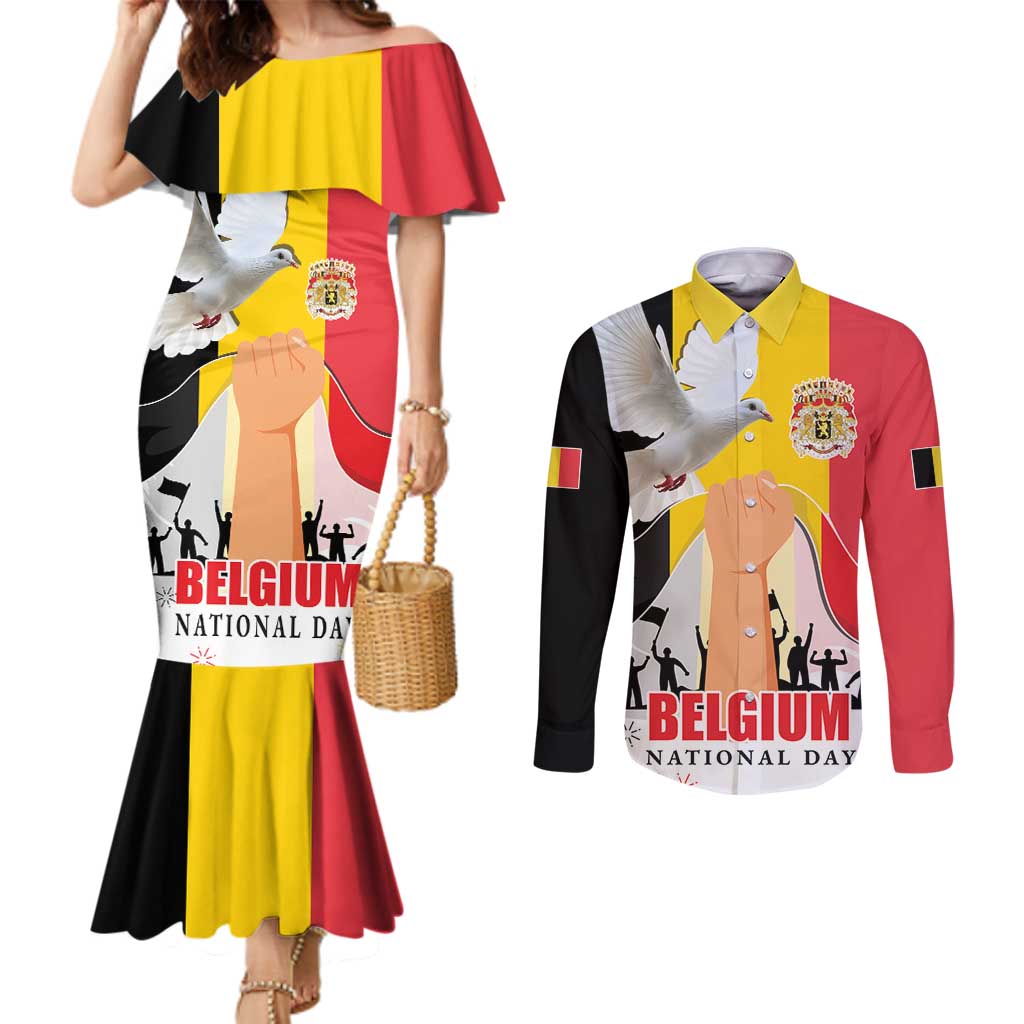 Belgian National Day Couples Matching Mermaid Dress and Long Sleeve Button Shirt 21th July Flag with Dove