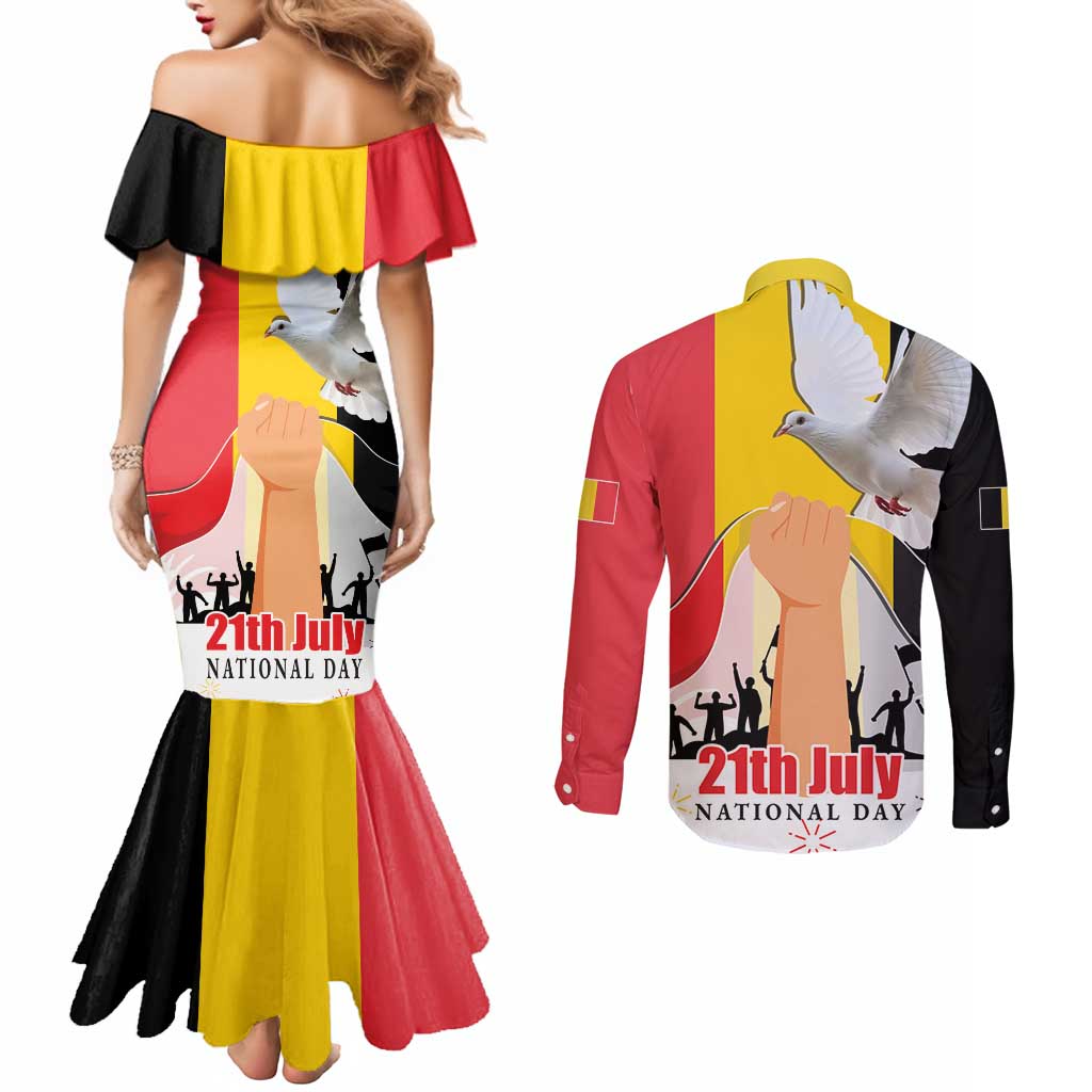 Belgian National Day Couples Matching Mermaid Dress and Long Sleeve Button Shirt 21th July Flag with Dove