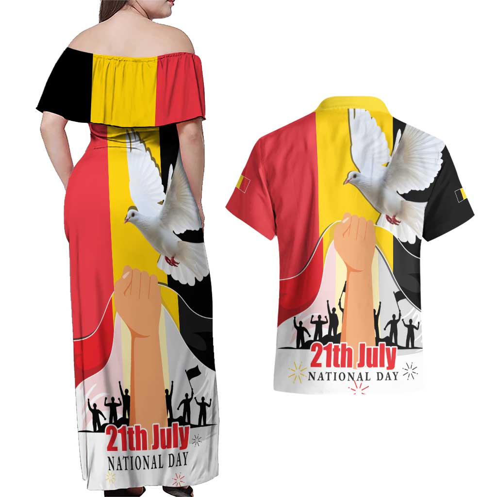 Belgian National Day Couples Matching Off Shoulder Maxi Dress and Hawaiian Shirt 21th July Flag with Dove