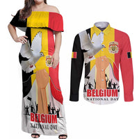 Belgian National Day Couples Matching Off Shoulder Maxi Dress and Long Sleeve Button Shirt 21th July Flag with Dove