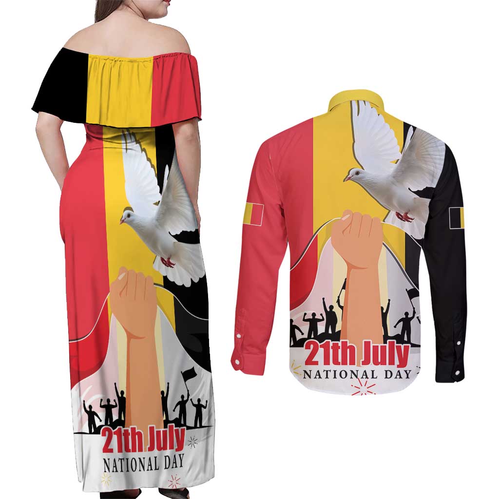 Belgian National Day Couples Matching Off Shoulder Maxi Dress and Long Sleeve Button Shirt 21th July Flag with Dove