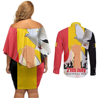 Belgian National Day Couples Matching Off Shoulder Short Dress and Long Sleeve Button Shirt 21th July Flag with Dove