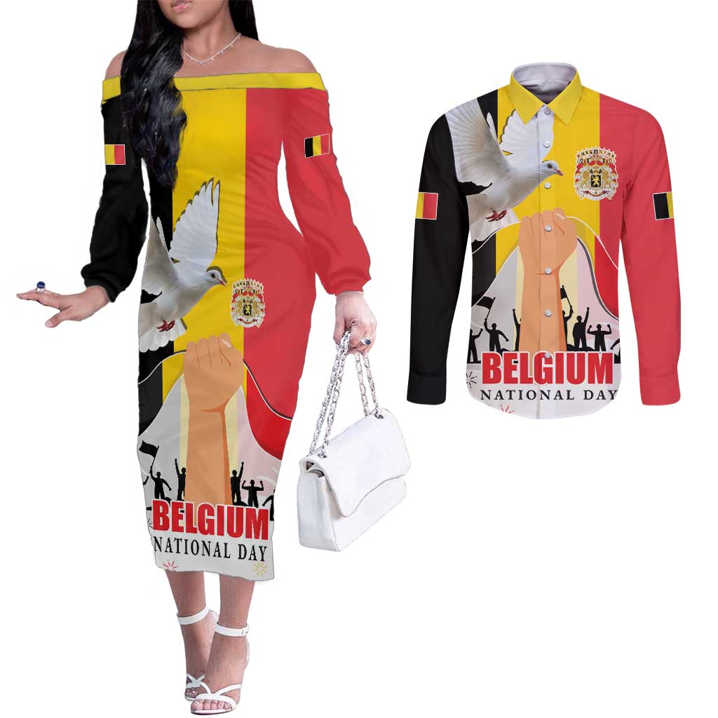 Belgian National Day Couples Matching Off The Shoulder Long Sleeve Dress and Long Sleeve Button Shirt 21th July Flag with Dove