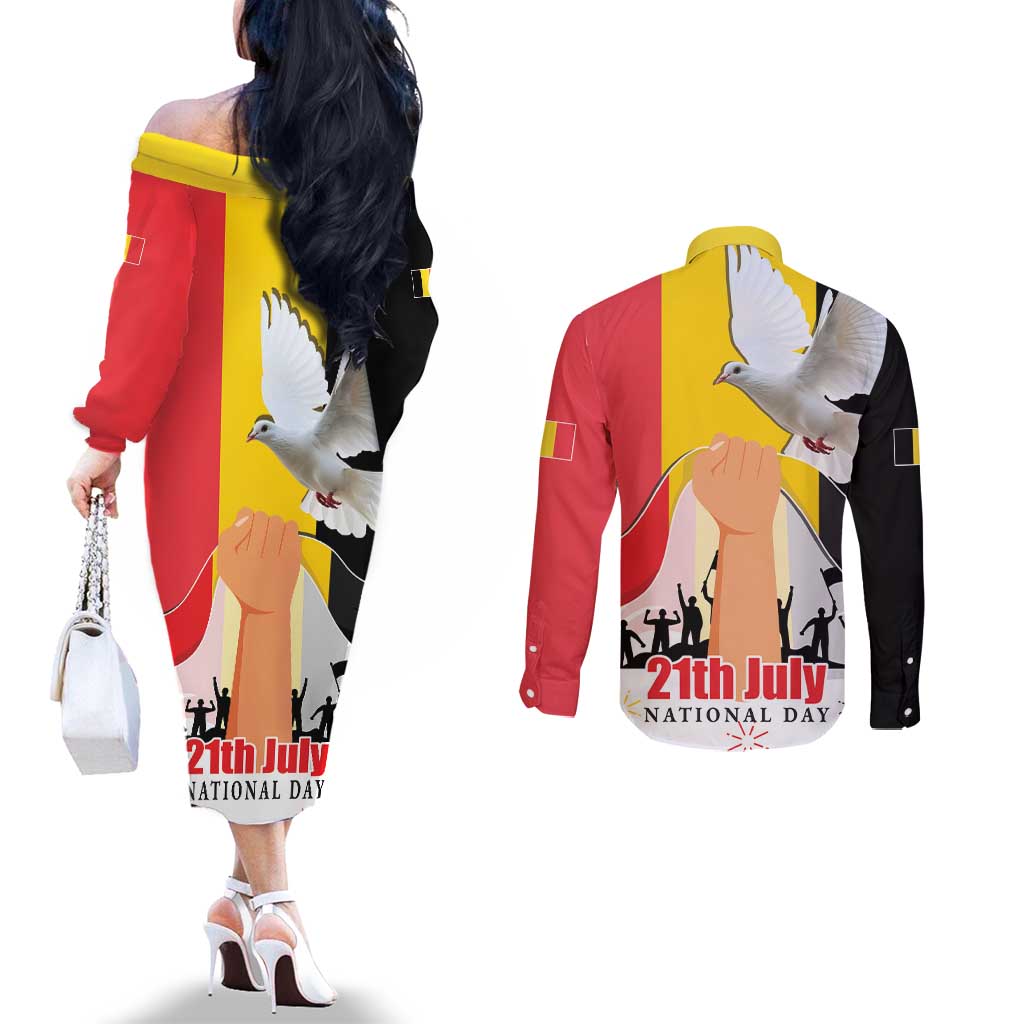 Belgian National Day Couples Matching Off The Shoulder Long Sleeve Dress and Long Sleeve Button Shirt 21th July Flag with Dove