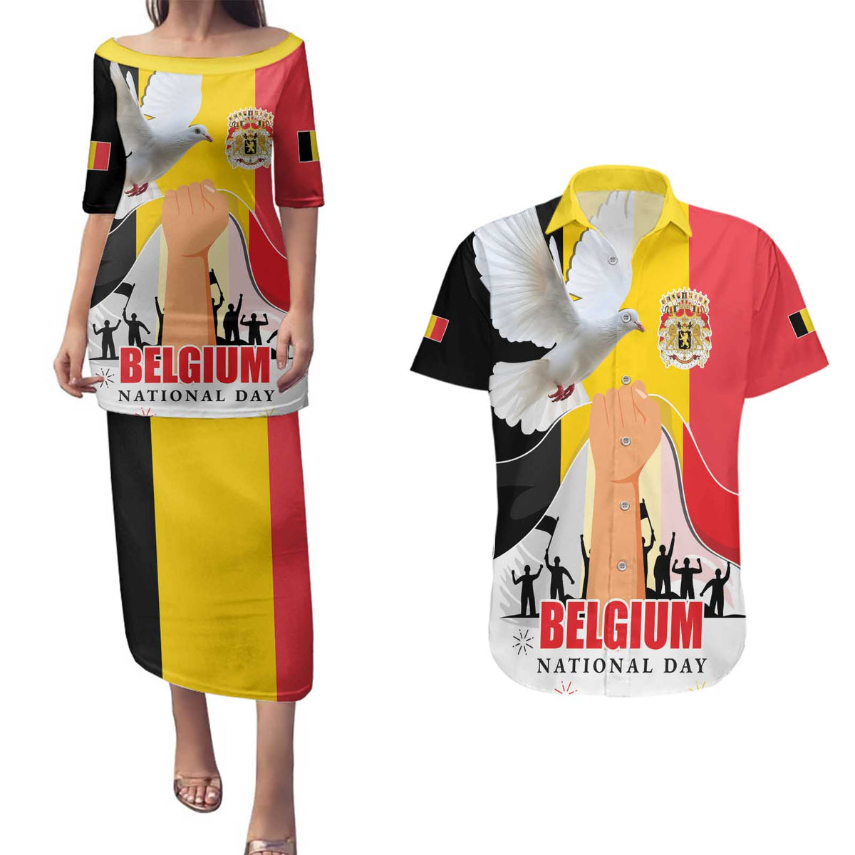 Belgian National Day Couples Matching Puletasi and Hawaiian Shirt 21th July Flag with Dove
