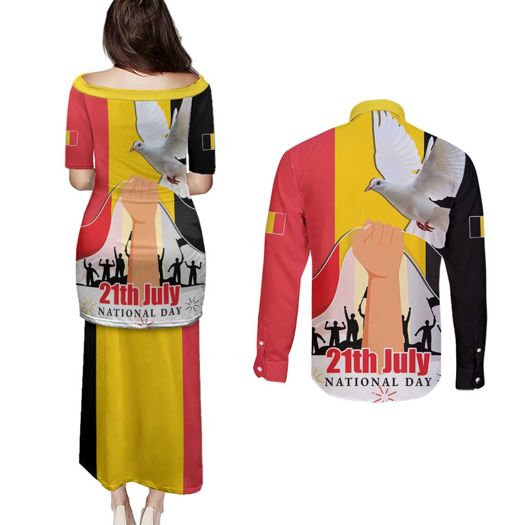 Belgian National Day Couples Matching Puletasi and Long Sleeve Button Shirt 21th July Flag with Dove