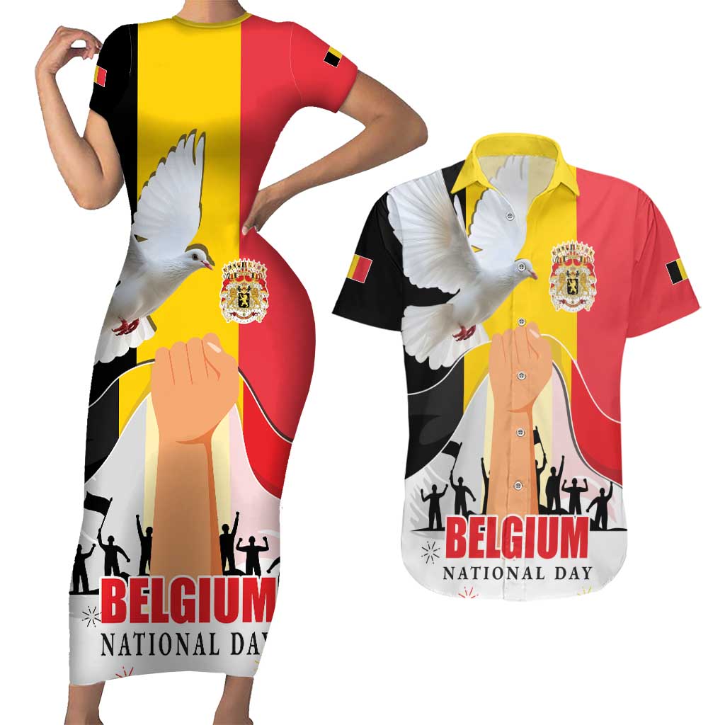 Belgian National Day Couples Matching Short Sleeve Bodycon Dress and Hawaiian Shirt 21th July Flag with Dove