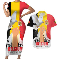 Belgian National Day Couples Matching Short Sleeve Bodycon Dress and Hawaiian Shirt 21th July Flag with Dove