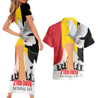 Belgian National Day Couples Matching Short Sleeve Bodycon Dress and Hawaiian Shirt 21th July Flag with Dove