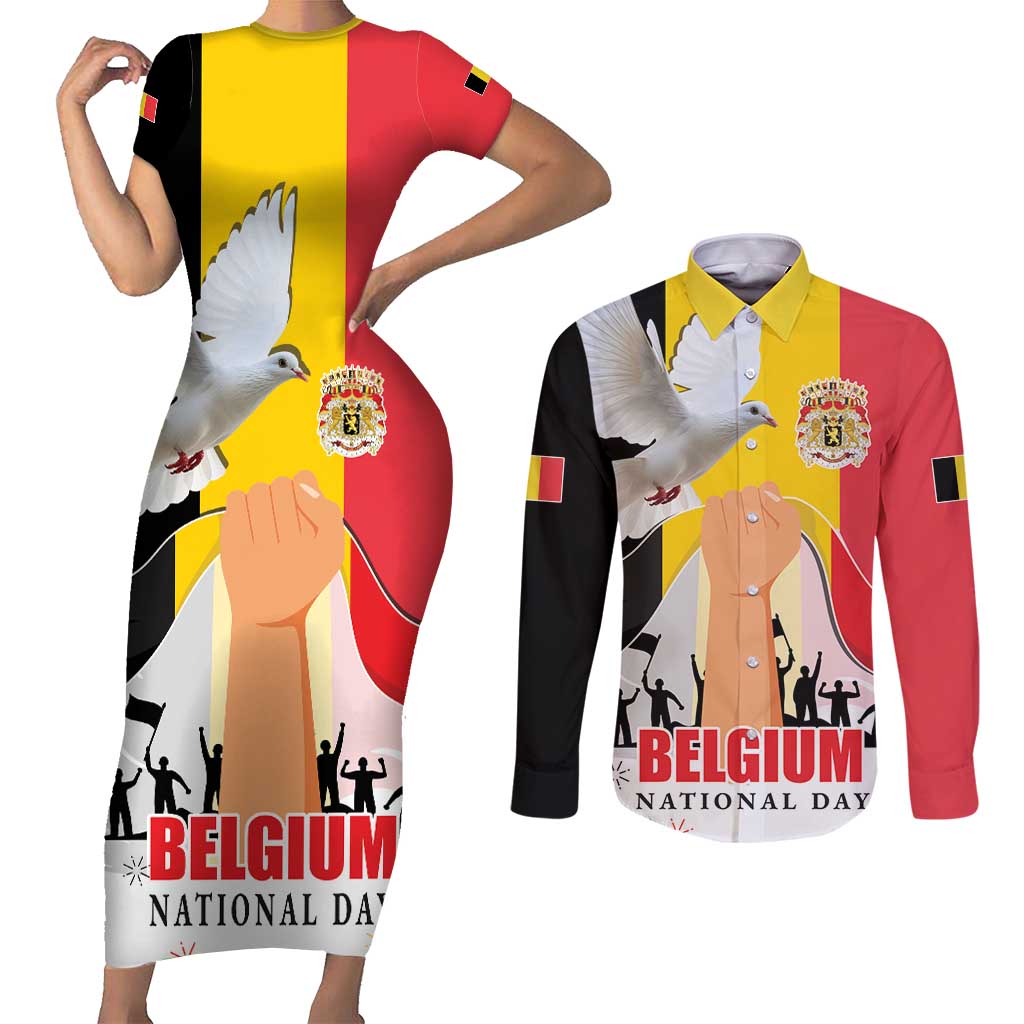 Belgian National Day Couples Matching Short Sleeve Bodycon Dress and Long Sleeve Button Shirt 21th July Flag with Dove