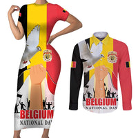 Belgian National Day Couples Matching Short Sleeve Bodycon Dress and Long Sleeve Button Shirt 21th July Flag with Dove