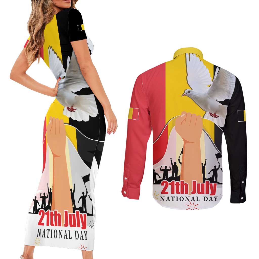 Belgian National Day Couples Matching Short Sleeve Bodycon Dress and Long Sleeve Button Shirt 21th July Flag with Dove