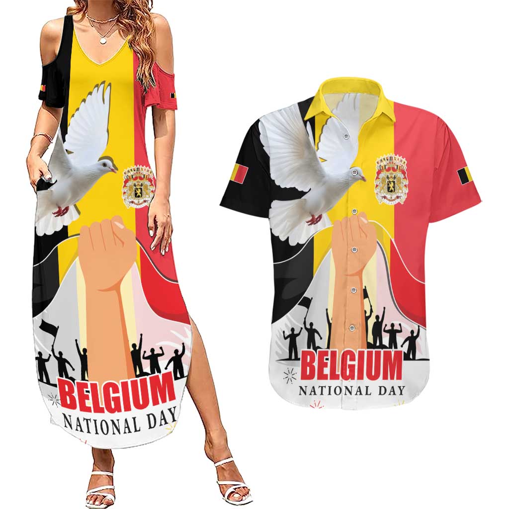 Belgian National Day Couples Matching Summer Maxi Dress and Hawaiian Shirt 21th July Flag with Dove