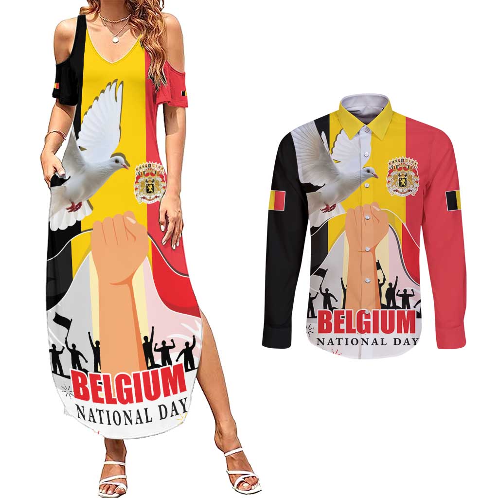 Belgian National Day Couples Matching Summer Maxi Dress and Long Sleeve Button Shirt 21th July Flag with Dove