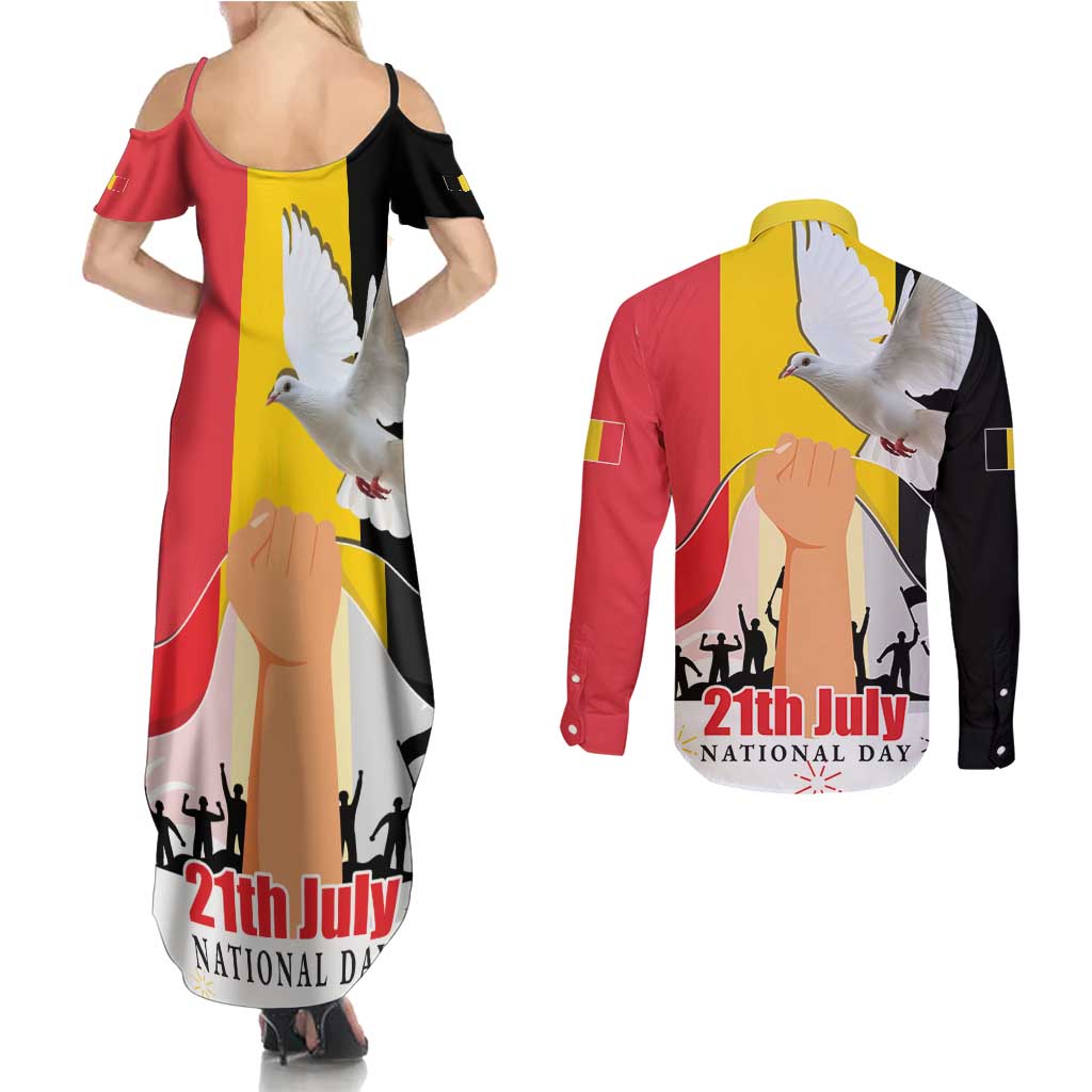 Belgian National Day Couples Matching Summer Maxi Dress and Long Sleeve Button Shirt 21th July Flag with Dove