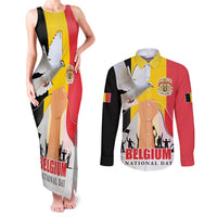 Belgian National Day Couples Matching Tank Maxi Dress and Long Sleeve Button Shirt 21th July Flag with Dove