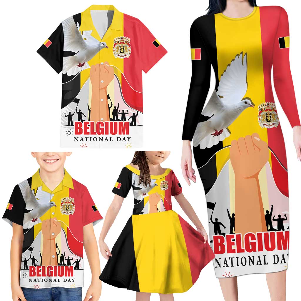Belgian National Day Family Matching Long Sleeve Bodycon Dress and Hawaiian Shirt 21th July Flag with Dove