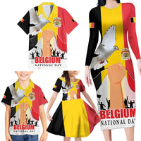 Belgian National Day Family Matching Long Sleeve Bodycon Dress and Hawaiian Shirt 21th July Flag with Dove