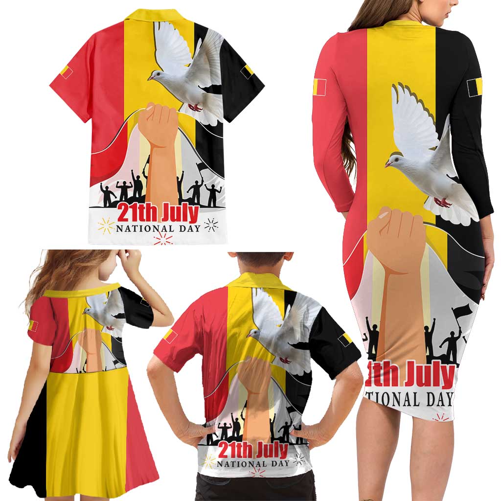 Belgian National Day Family Matching Long Sleeve Bodycon Dress and Hawaiian Shirt 21th July Flag with Dove
