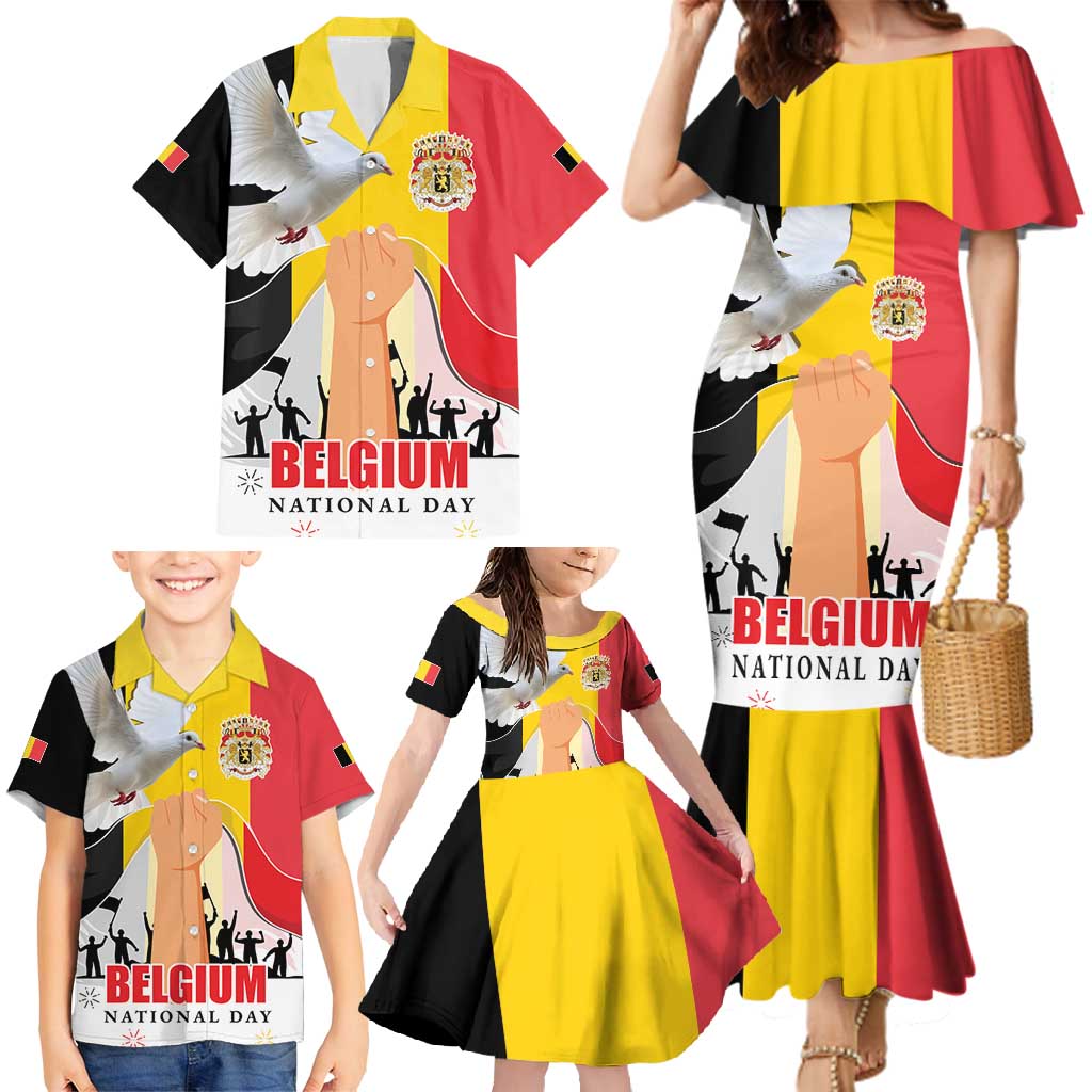 Belgian National Day Family Matching Mermaid Dress and Hawaiian Shirt 21th July Flag with Dove