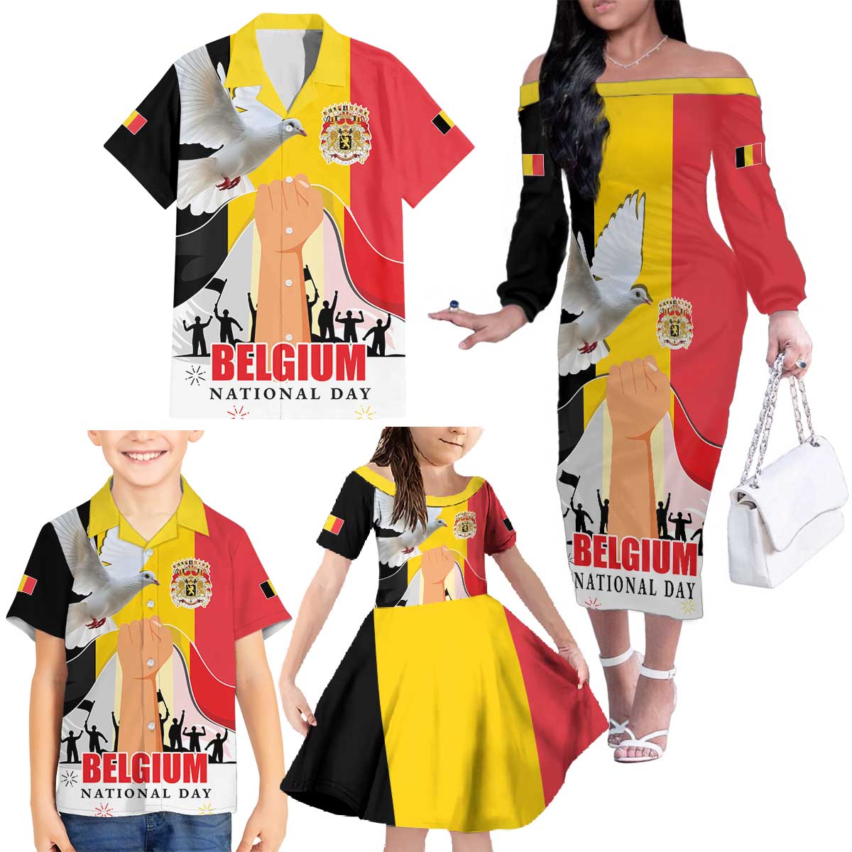 Belgian National Day Family Matching Off The Shoulder Long Sleeve Dress and Hawaiian Shirt 21th July Flag with Dove