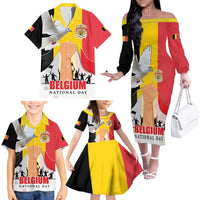 Belgian National Day Family Matching Off The Shoulder Long Sleeve Dress and Hawaiian Shirt 21th July Flag with Dove