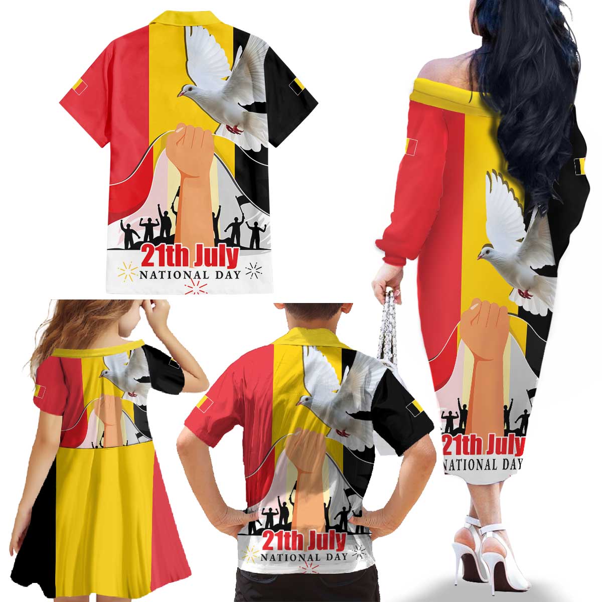 Belgian National Day Family Matching Off The Shoulder Long Sleeve Dress and Hawaiian Shirt 21th July Flag with Dove