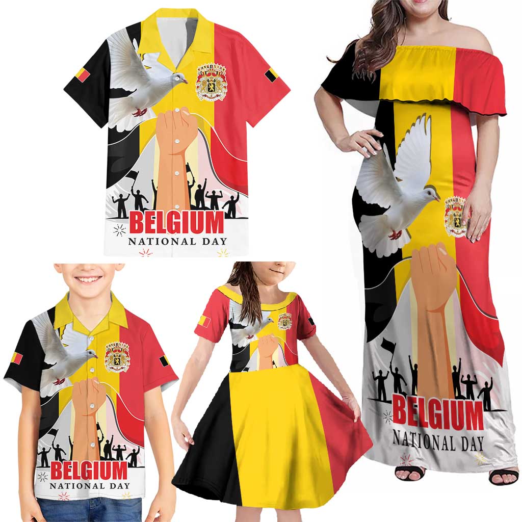 Belgian National Day Family Matching Off Shoulder Maxi Dress and Hawaiian Shirt 21th July Flag with Dove