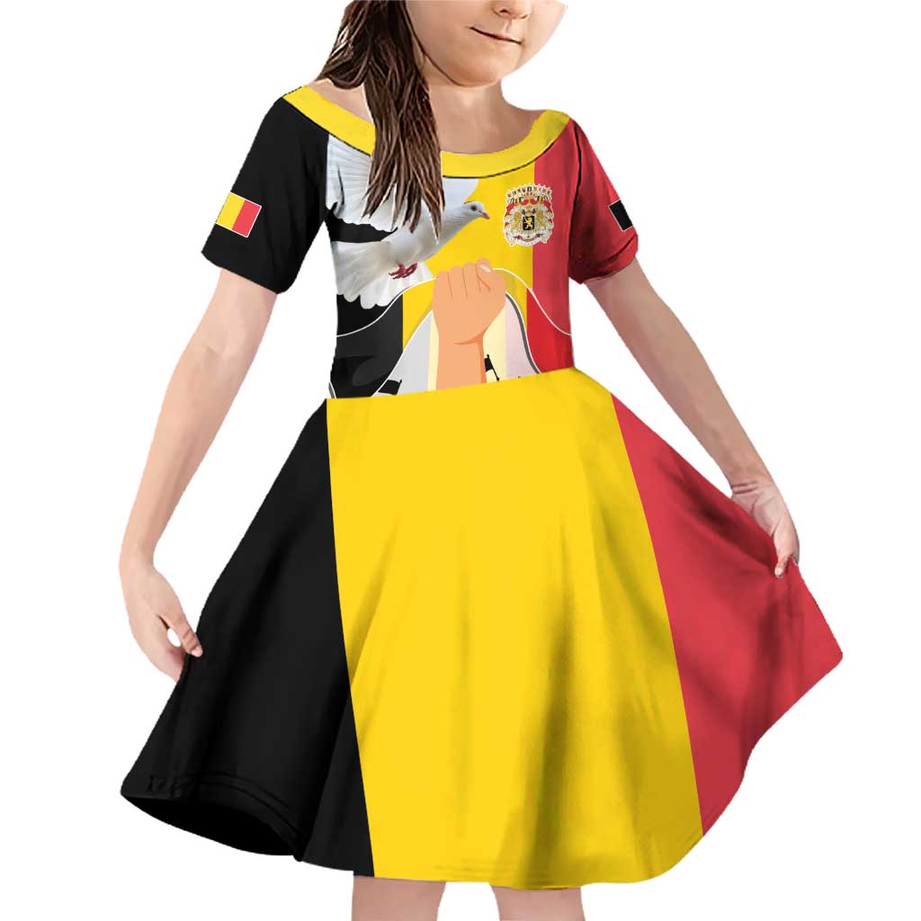 Belgian National Day Family Matching Off Shoulder Short Dress and Hawaiian Shirt 21th July Flag with Dove