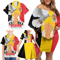 Belgian National Day Family Matching Off Shoulder Short Dress and Hawaiian Shirt 21th July Flag with Dove