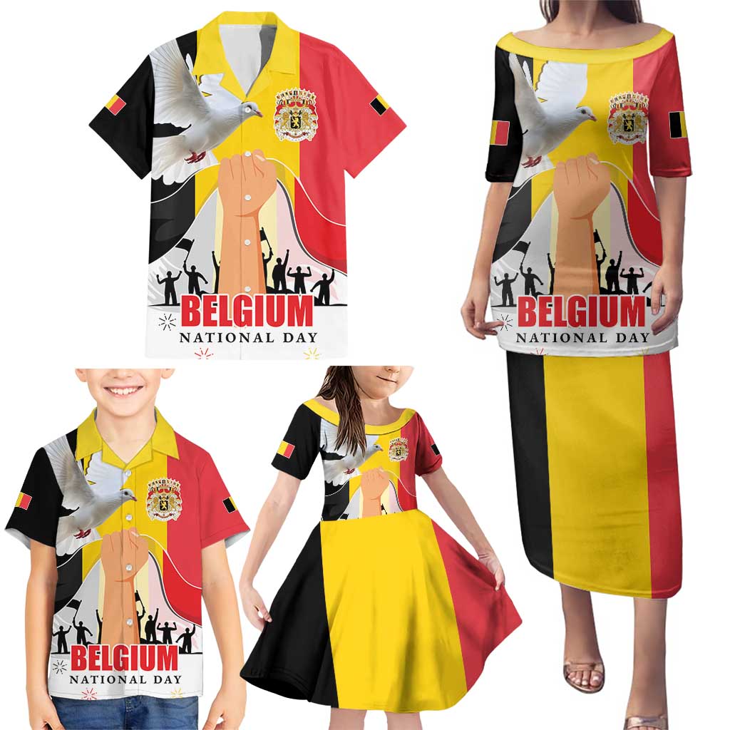 Belgian National Day Family Matching Puletasi and Hawaiian Shirt 21th July Flag with Dove
