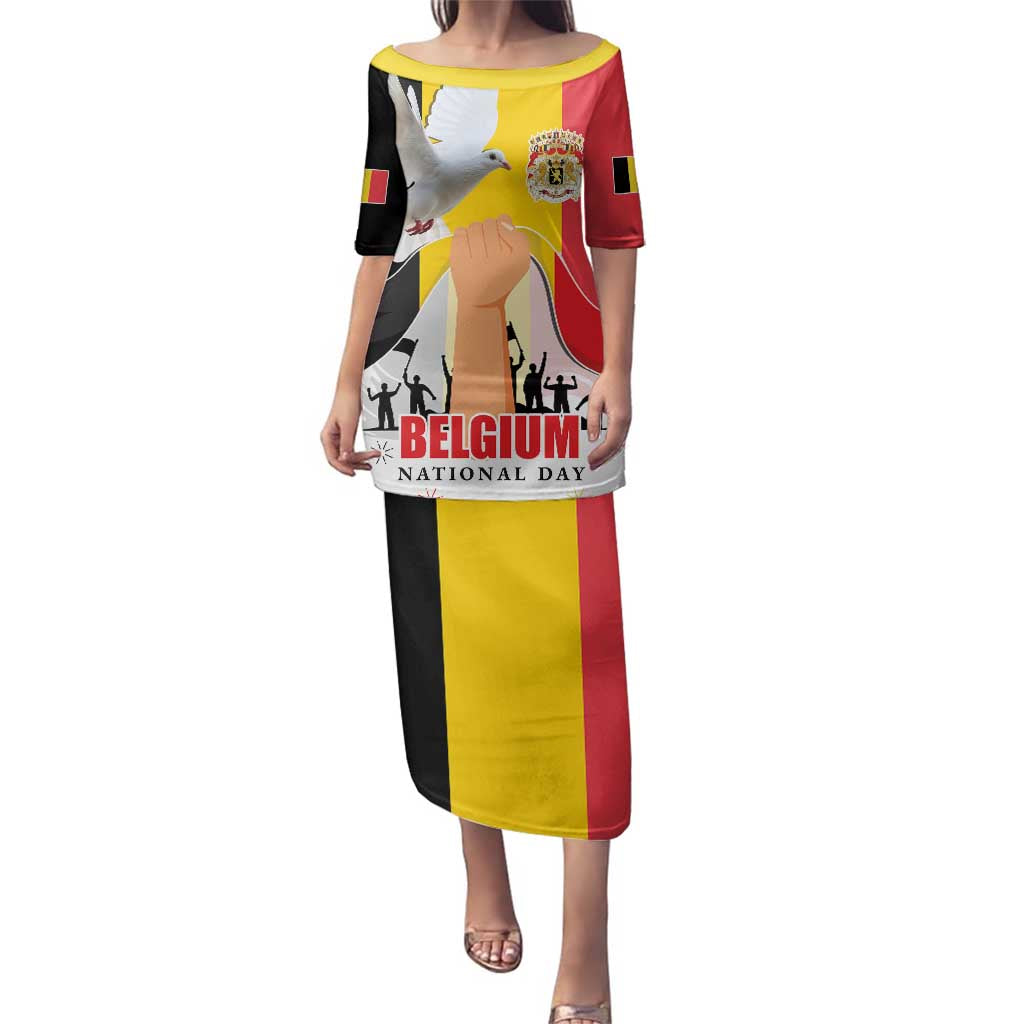 Belgian National Day Family Matching Puletasi and Hawaiian Shirt 21th July Flag with Dove