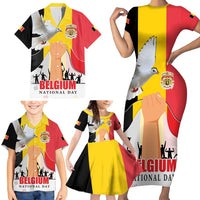Belgian National Day Family Matching Short Sleeve Bodycon Dress and Hawaiian Shirt 21th July Flag with Dove