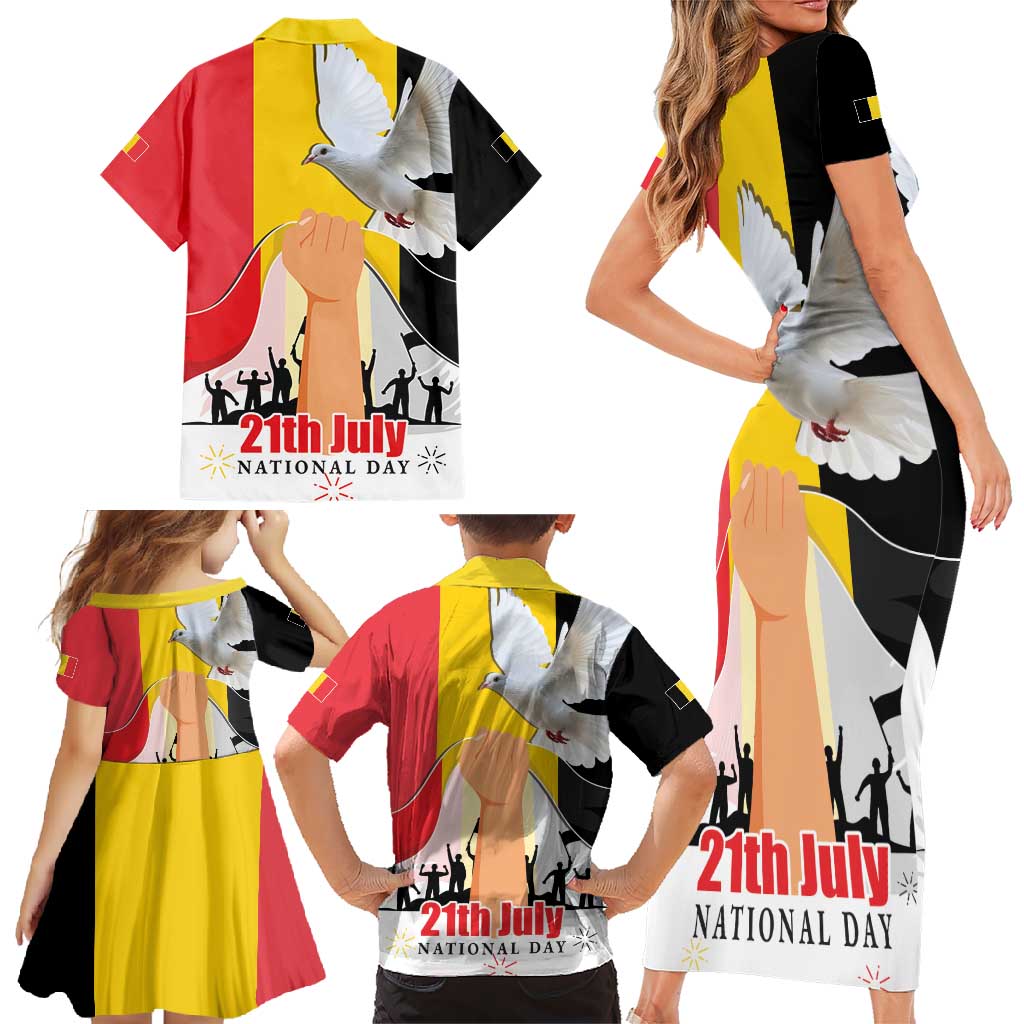 Belgian National Day Family Matching Short Sleeve Bodycon Dress and Hawaiian Shirt 21th July Flag with Dove