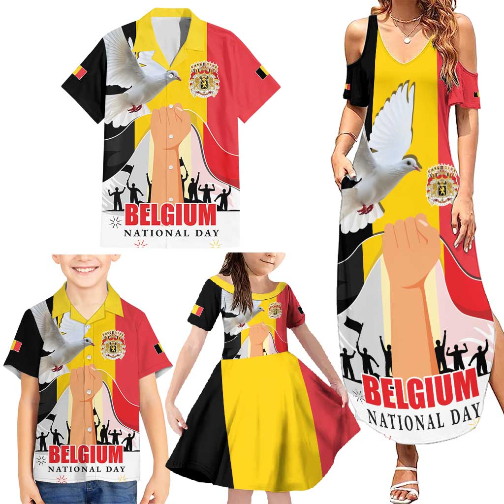 Belgian National Day Family Matching Summer Maxi Dress and Hawaiian Shirt 21th July Flag with Dove