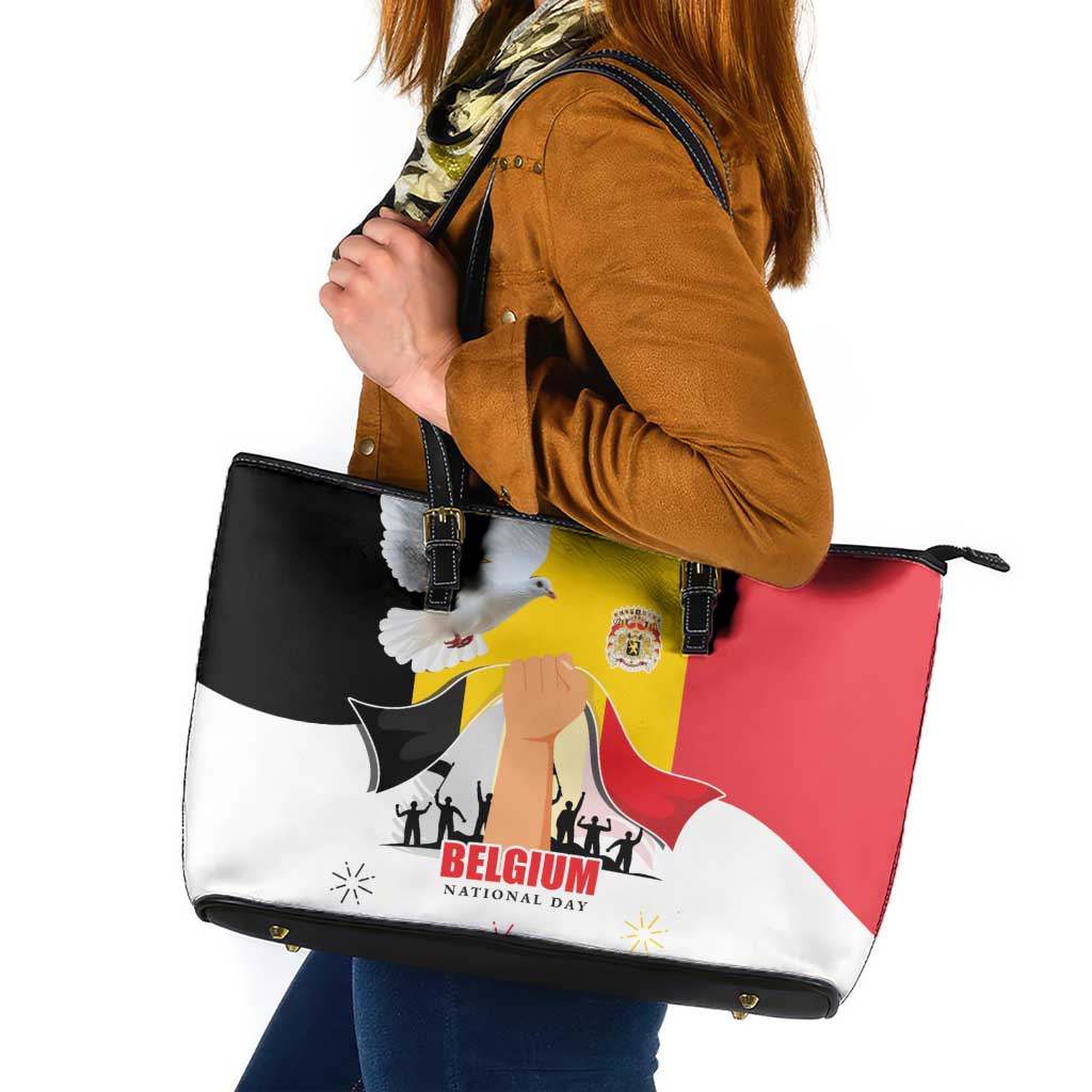 Belgian National Day Leather Tote Bag 21th July Flag with Dove