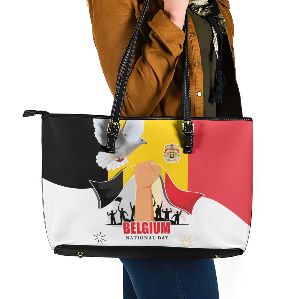 Belgian National Day Leather Tote Bag 21th July Flag with Dove