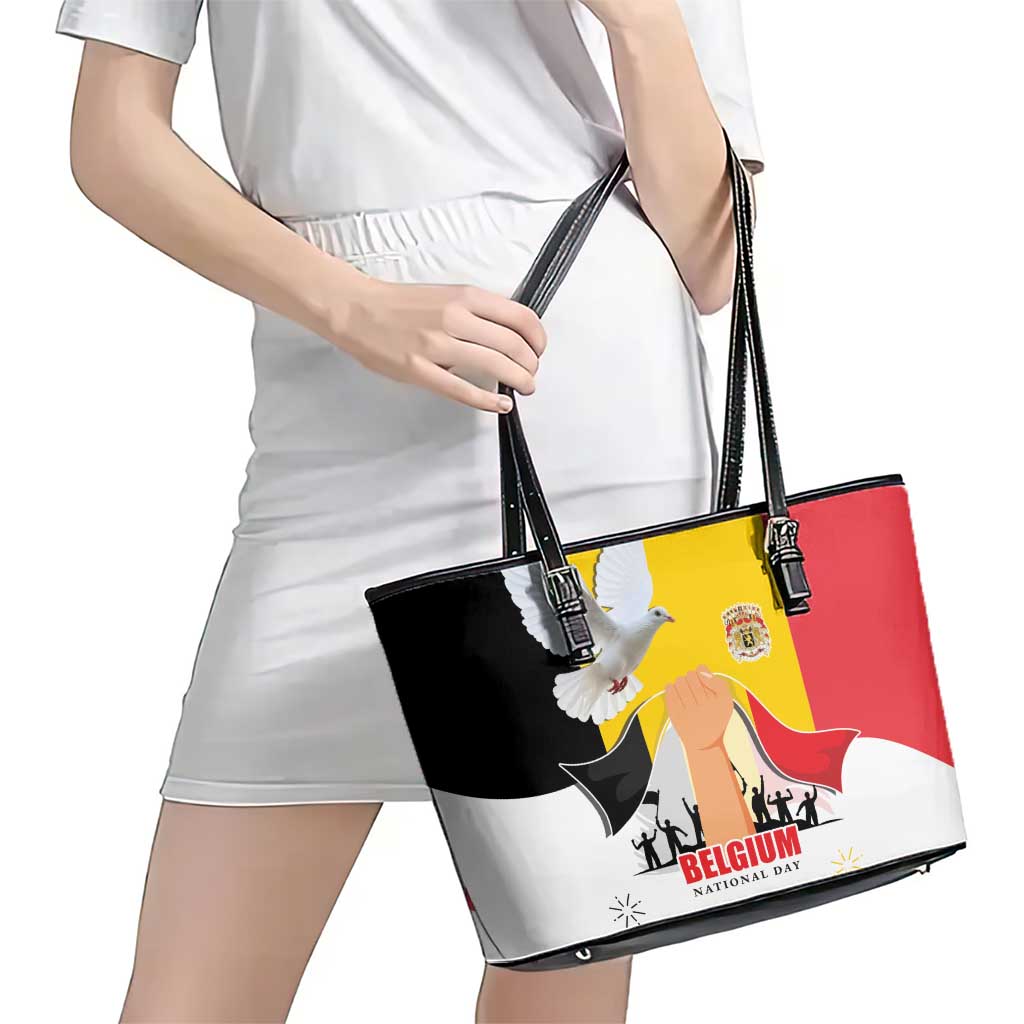 Belgian National Day Leather Tote Bag 21th July Flag with Dove
