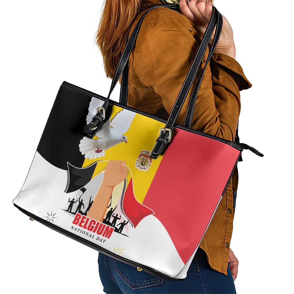 Belgian National Day Leather Tote Bag 21th July Flag with Dove