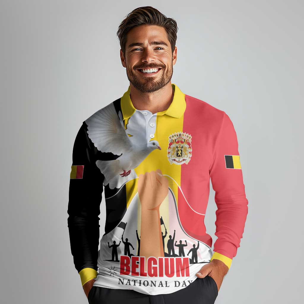 Belgian National Day Long Sleeve Polo Shirt 21th July Flag with Dove