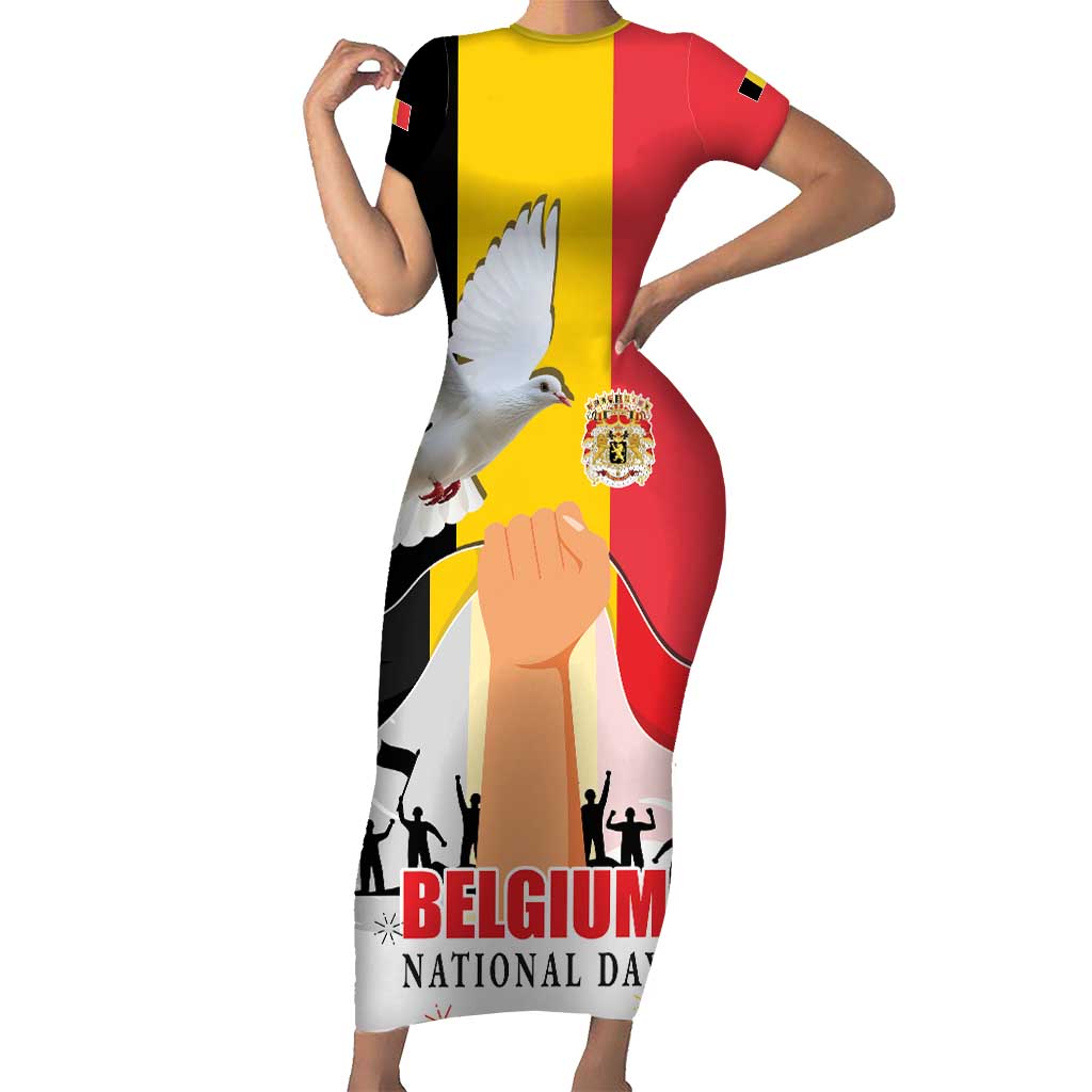 Belgian National Day Short Sleeve Bodycon Dress 21th July Flag with Dove
