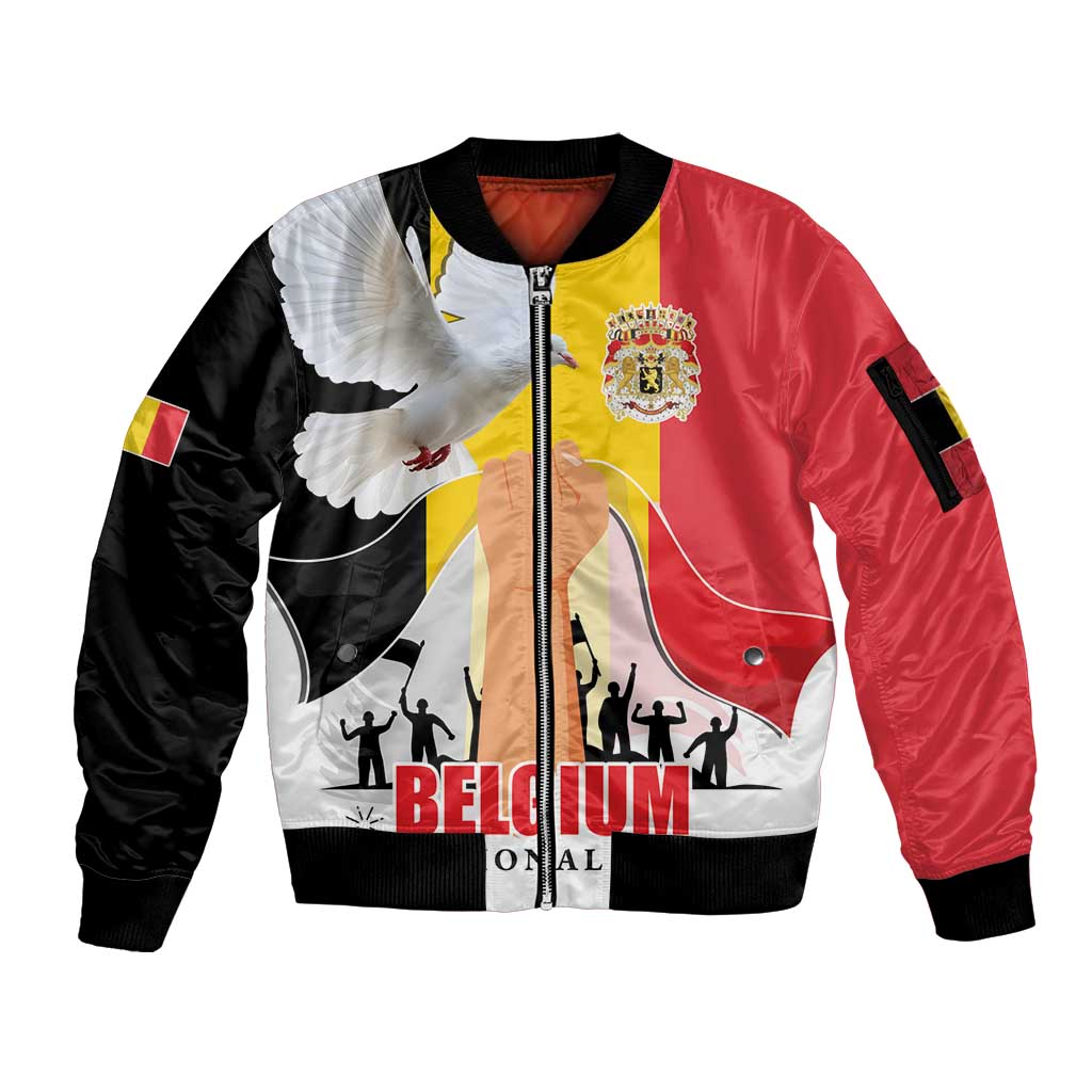 Belgian National Day Sleeve Zip Bomber Jacket 21th July Flag with Dove