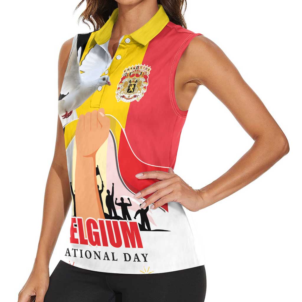 Belgian National Day Women Sleeveless Polo Shirt 21th July Flag with Dove