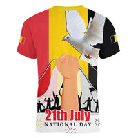 Belgian National Day Women V-Neck T-Shirt 21th July Flag with Dove